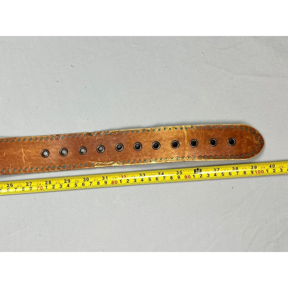 Hollister Tan Genuine Leather Grommet Belt Turquoise Dots Brass Buckle Small